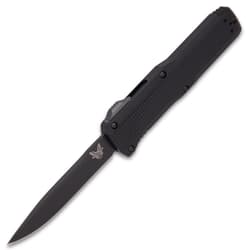 Black pocket knife with carbon coated blade and black aluminum handle.