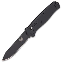 Open benchmade mediator automatic knife with non-reflective black steel blade and G10 handle.