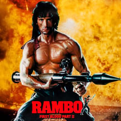 Shirtless Man from Film Rambo holding a rocket launcher film "First Blood Part II"