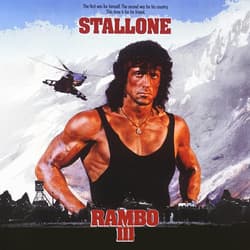 A promotional poster for “Rambo: First Blood Part II,background is filled with a dramatic explosion, holding a rocket launcher in a ready stance.