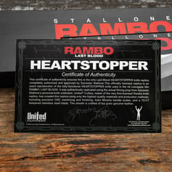 Rambo Last Blood Heartstopper Knife Replica Certification of Authenticity approved by Sylvester Stallone