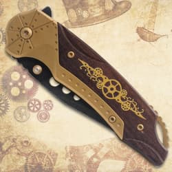Folded steampunk knife with intricate gear design