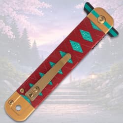 Knife handle with red and teal design, featuring a pocket clip