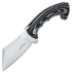 The knife has a 3 7/8” 7Cr17 stainless steel cleaver blade, with a satin finish, which can be easily accessed with its flipper