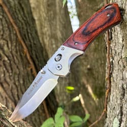 Knife with wooden handle stuck in a tree trunk