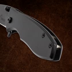 Black Timber Wolf Assisted Opening Pocket Knife handle close up