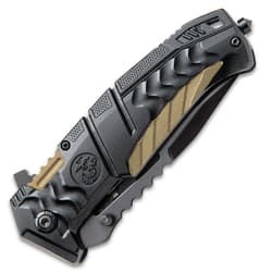 Closed black tactical knife with textured handle