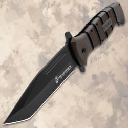 USMC tactical knife with black blade and textured handle