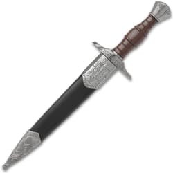 Trident short sword in scabbard with metal detailing.