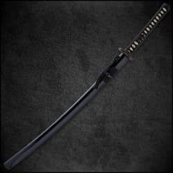 Full-tang blade is crafted of Damascus steel, extended from a polished brass habaki and snake designed handguard