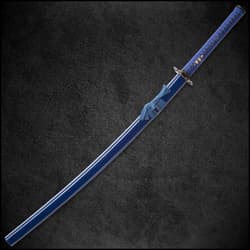 Shinwa Azure Sea Lily Handmade Katana - Hand Forged Blue 1045 Carbon Steel Blade, Blue Leather - Wooden Display Stand