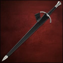 Sword sheathed in black scabbard on red background