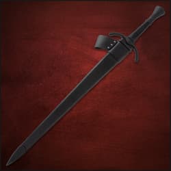 Black broadsword in sheath on red background