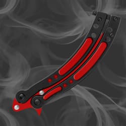 Closed butterfly knife with red and black handle