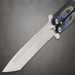 Close-up of butterfly knife blade and handle with dragon design