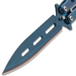 Butterfly Knife Blue Vortex blade close up