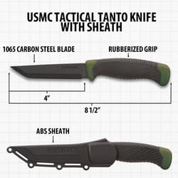 Diagram of USMC tactical tanto knife with sheath and measurements