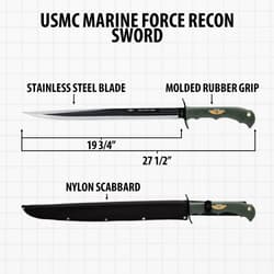 USMC Force Recon Sword with dimensions and nylon scabbard
