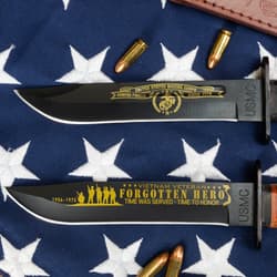 Diagram of USMC black and gold tribute knife and sheath with dimensions