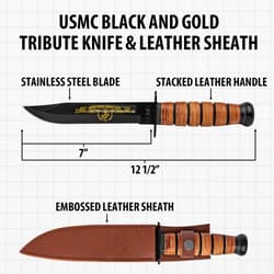 Diagram of USMC black and gold tribute knife and sheath with dimensions