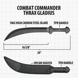 Diagram of Combat Commander Thrax Gladius with dimensions and sheath