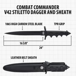 Diagram of Combat Commander V42 Stiletto Dagger with dimensions