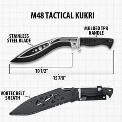 M48 Tactical Kukri with specifications and sheath