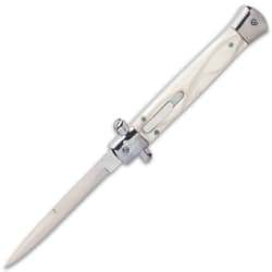 Pearl handled switchblade stilleto knife with silver mirror polished 4 3/4" blade.