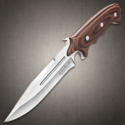 United Cutlery Hibben Legacy Combat Fighter Knife II With Leather Sheath - 7Cr17 Stainless Steel Blade, Brown Pakkawood Handle, Trigger Finger Grip