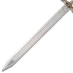 Close-up of sword blade with engraved details