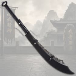 Sword sheathed in black scabbard with mountain backdrop