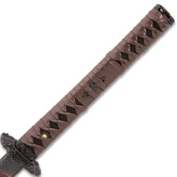 The hardwood handle has black faux rayskin and is wrapped in genuine brown leather to complement the blade