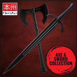 Black axe and sword on red background with text 'Axe & Sword Collection'