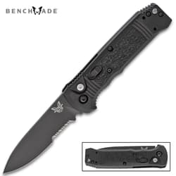 Black folding knife with textured handle and serrated blade