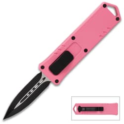 Pink tactical knife with black blade and handle
