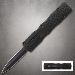 Black tactical knife with textured handle and blade extended