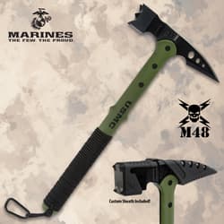 USMC tactical war hammer with green handle and black blade