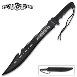 Black Legion Jungle Hunter Machete With Nylon Sheath And Lanyard - Sawback Blade Spine, Nonreflective Black Coating - 25" Length