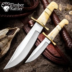 Two knives with bone handles on leather sheath