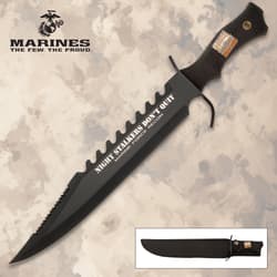 Black tactical knife with serrated edge and sheath