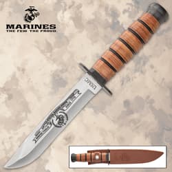 USMC knife with engraved blade and leather handle
