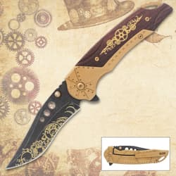 Steampunk knife with gears and brass details on vintage background