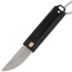 Black folding knife with a silver blade and keyring