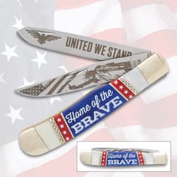 Patriotic knife with 'Home of the Brave' handle and engraved blades