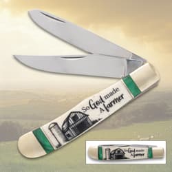 Pocket knife with 'So God made a farmer' design, open blades