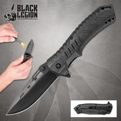 Open Black Legion pocket knife with a fire starter demonstration and inset showing the folded knife's pocket clip
