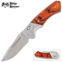 Folding knife with wooden handle and stainless steel blade