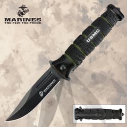 USMC knife with black blade and textured handle