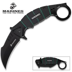 Black USMC karambit knife with curved blade and ring handle