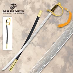 Marine sword with scabbard and engraved blade